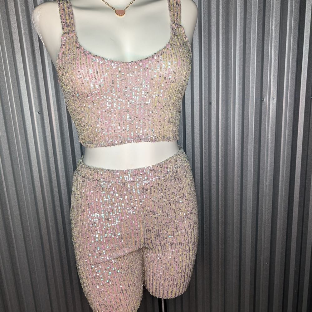 Shimmering Pink Sequin Crop Top and Shorts
